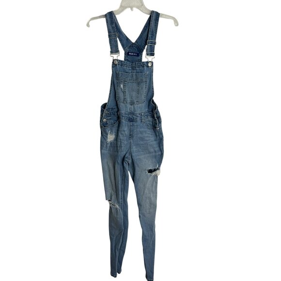 Blue Spice Distressed Bib Overalls Junior Size 7 Denim Blue Jeans Stretch - Picture 1 of 13